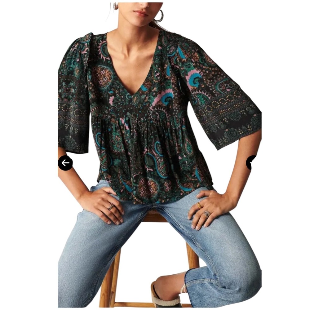 ba&sh Zarry Blouse M Black Paisley Boho Peplum Wide Sleeve Ruffle Shoulder Top